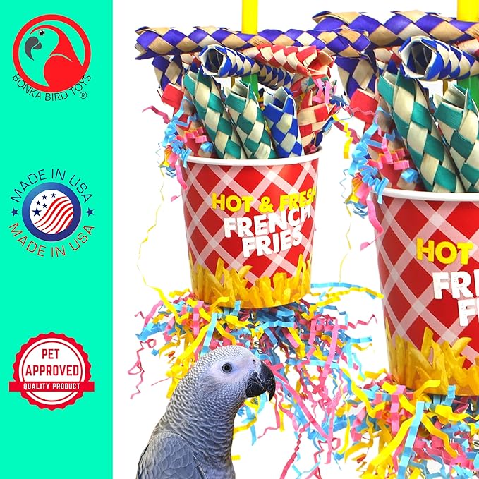 Bonka Bird Toys 2306 French Fries Small Medium Bird Toy Foraging Bamboo Trap Cup Paper Shred Cockatiels Parakeets Conures and Other Similar Sized Birds
