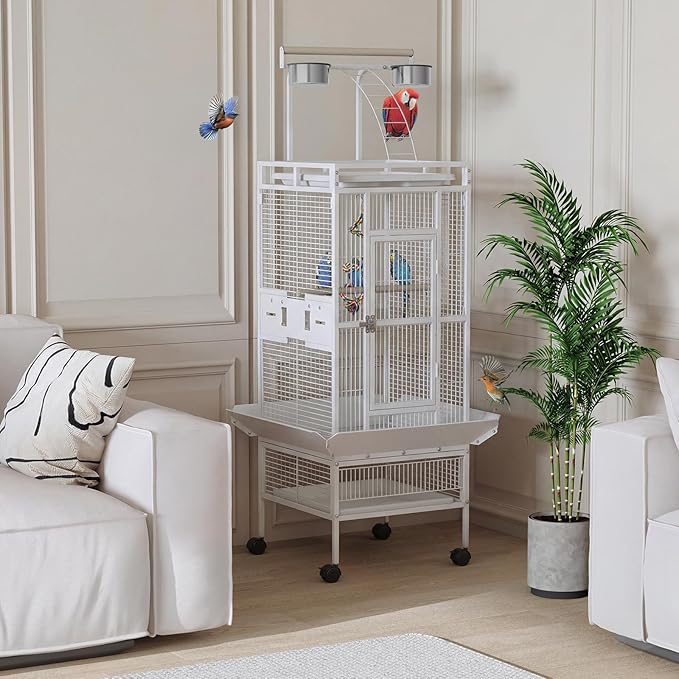 Spacious 60 Inch Wrought Iron Bird Cage with Rolling Stand – Playtop Design, 4 Stainless Steel Bowls, Slide-Out Tray – Parrot Cage for Cockatiel, Conure, Budgie, Lovebird, Canary – White