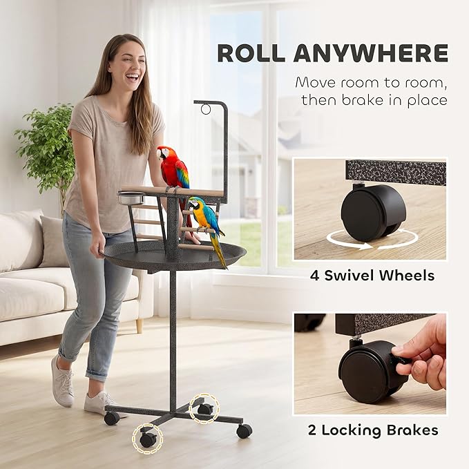 PawHut Bird Stand, Parrot Stand with Wheels, Perch, Stainless Steel Feed Bowls, Round Tray for Indoor Outdoor, Dark Gray