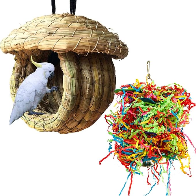 Hamiledyi Bird Nest Grass Bird Hut Outdoor Hanging Birdhouse Canary Nest Chickadee House Wren Nest Fiber Roosting Pocket for Parakeet Parrot Cockatiel Finch