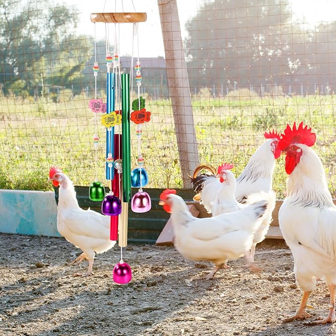Chicken Toys for Coop, Enrichment Toys Wind Chimes Home Garden Colorful Art Hanging Chick Peck Toy Decoration with Bells Fun & Interactive Hens Brooder Accessories for Bird Parrot Lovebird