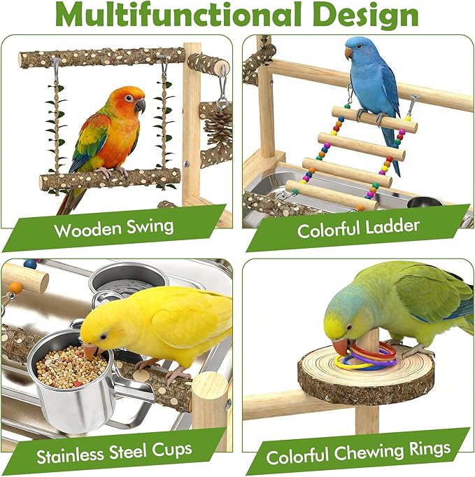 Bird Playground, Parrot Playstand Cockatiel Playground, Bird Play Stand with Feeder Cups, Swings, Ladder and Removable Tray, Parrot Perch Stand for Parakeet Conure Lovebird Budgie