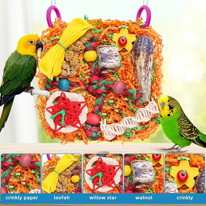 Bird Toys for Small & Medium Parrots - Natural Foraging & Shredding Cage Hanging Toys with Seagrass Mat, Starfruit, Loofah Slices for Budgies, Cockatiels, Lovebirds, Conures (2 PCS)