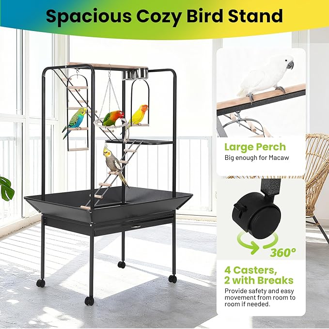 Garvee 64'' H Inch Birdcage Stand Play Center with Perches and Ladders, Indoor Outdoor Playground for Birds, Bird Playstand w/Rotated Ring Removable Tray, Lockable Caster, for Macaw and Parakeet
