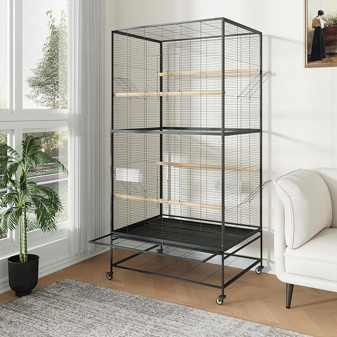 66" H Large Bird Cage with Wheels, Extra Large Bird Cage with Wood Perches, Feeder, Wide Bird Carrier for Parakeets, Canaries, Lovebirds, Small Quaker, Cockatiels, Budgie