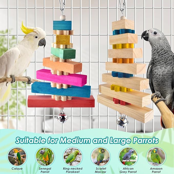 DBNESS 2 Pcs Bird Toys for Parrots, Colorful Natural Large Parrot Toy Hanging Chew Wood Block with Bell for Medium to Large Cockatiels, Eclectus, African Greys, Amazon, Cockatoo