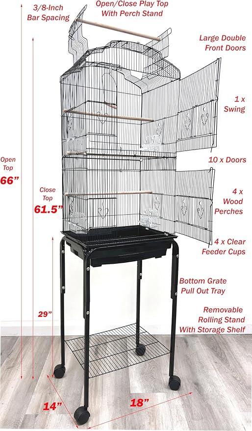 63-Inch Large Flight Bird Parrot Cage Side Nesting Box Doors Cockatiel Quaker Parrot Sun Parakeet Green Cheek Conures Finch Budgie Lovebird Parrotlet Canary Finch Pet with Removable Rolling Stand