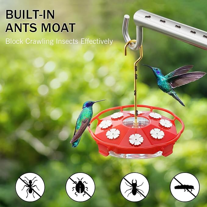 eWonLife Bee Proof 8-Port Hummingbird Feeder for Outdoors, 16oz Leak Proof Saucer Humming Bird Feeder with Integrated Ant Moat Brush, Easy Clean & Refill, Hanging Garden Yard Décor