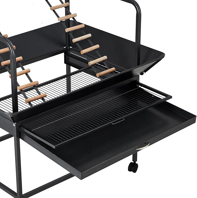 Pet Products Parrot Playstand with Wheels, Bird Cage Stand Activity Play Center with Perches and Ladders, Indoor Outdoor Playground for Birds, Black Hammertone Finish
