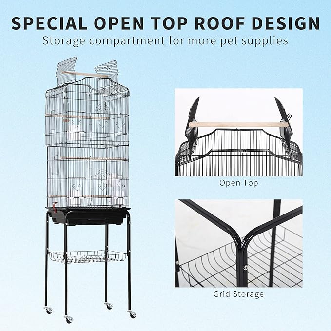 HCB 64-Inch Open Top Standing Bird Cage with Rolling Stand for Parrots Lovebirds Parakeets Cockatiel Medium Small Bird Cage, Black, 64 Inch (Pack of 1)