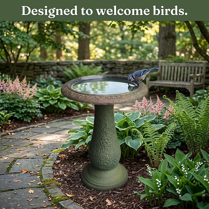 Tall Bird Bath for Outside 23 Inch Roman Green - Stone-Resin Composite Pedestal Birdbath Bowl - Decorative Standing Outdoor Garden Decor for Front Porch Patio Yard Backyard Lawn Ornament