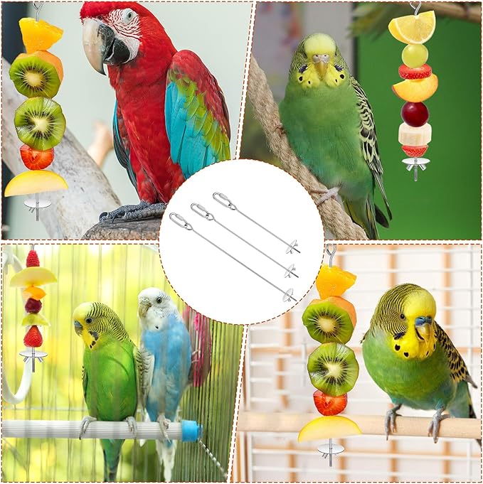Nogeqi 3PCS Bird Cage Food Holder with Hook, Stainless Steel Bird Feeder for Cage, Parrot Fruit Skewers, Birds Foraging Toys for Macaw Parakeet Parrot Budgie (3 Sizes)