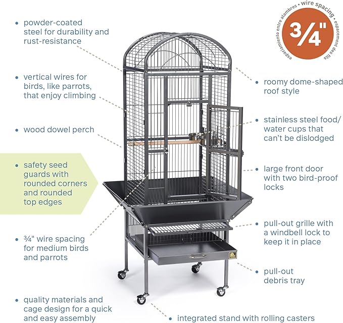 Prevue Pet Products Dome Top Bird Cage - Powder‑Coated Steel Cage with Wheels, Push Button Locks, Seed Guards and Perch, Ideal for Cockatiels, and All Small-Medium Sized Birds - Black Hammertone