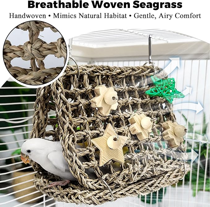 Seagrass Handwoven Bird Bed for Cage, DIY Parakeet Nest & Climbing Ladder, Breathable Bird Hammock Tent with Chewable Toys, Cozy Parrot Sleeping Hut for Small Medium Birds Like budgies Lovebirds