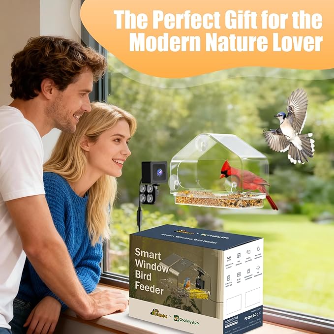 Smart Window Bird Feeder with 2K Camera & AI Identification, Strong Suction Cup Mount, All-Weather Design, Real-Time Alerts, Easy to Install, for Apartments & Homes, for Bird Lovers