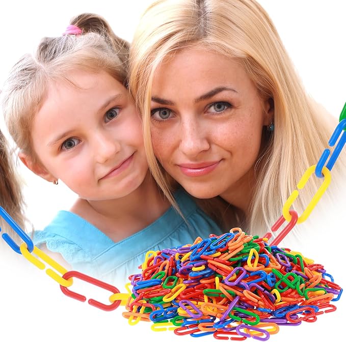 590 Pcs C-Type Plastic Chain Links, Rainbow Plastic Chain Links & Toys - Interlocking C-Clip Bird Cage Accessories for Parakeets, Sugar Gliders, Small Pets (Climbing/Swinging Toys)