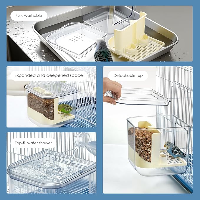 No Mess Automatic Bird Feeder, 2-in-1 Large Capacity Feeding Bowl for Birdcage, Multifunctional Food Container and Bathtub, Transparent Seed Food Container (Transparent)