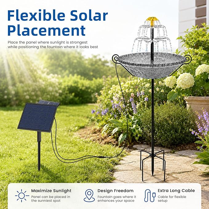 Bird Bath for Outside with Solar Fountain, Plastic Bowl on Metal Stake and Ground Stand, Freestanding Garden Accent for Yard and Patio (Gray(XL))