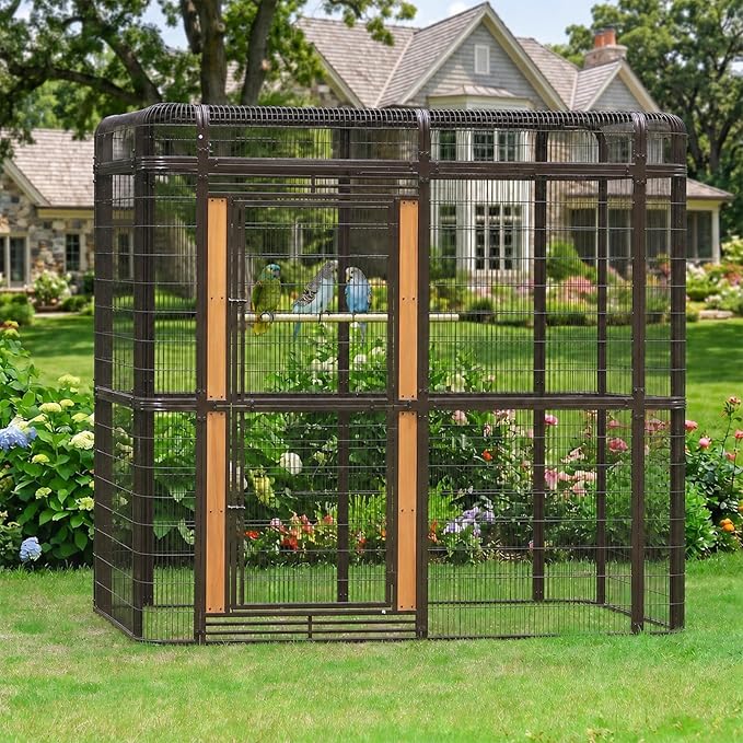 87-inch Outdoor Large Walk-in Cage Heavy Duty Bird Cage Carbon Crystal Board Aviary Parrot Cage Wide Flight Metal Birdcage for Macaw Budgie Conure Lovebird Parakeet Cockatiel, 7.22x5.25x6.8ft, Brown