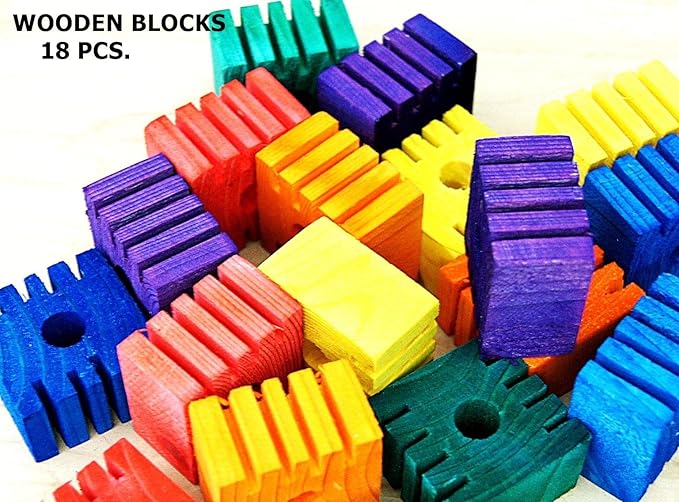 Parrot Bird Toy Parts Supply 18 Wooden Grooved Colored Blocks Cockatoo Mini Macaw Multicolor