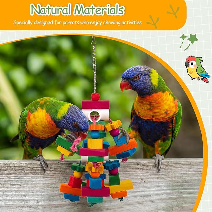 Seenelling 3 Pcs Large Parrot Toys Colorful Chewing Toy with Natural Wood Blocks for African Greys, Cockatoos, Parrots, Macaws, Medium Birds Cage Toy Accessories