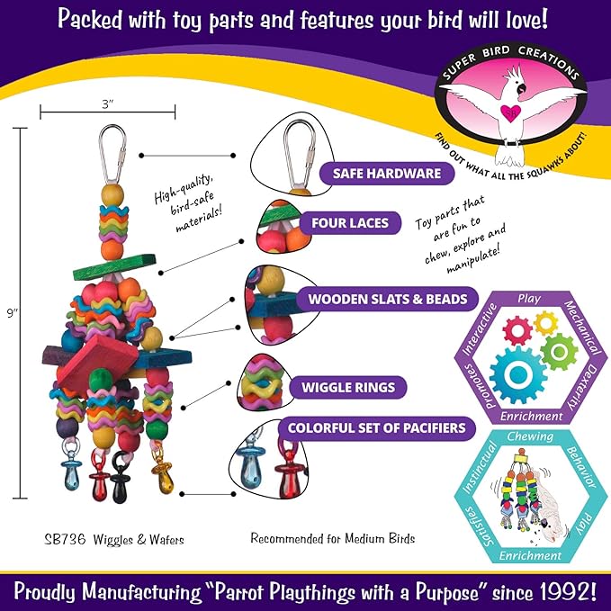 Super Bird Creations SB736 Wiggles and Wafers Bird Toy - Interactive Enrichment for Conures, Quakers, Caiques, Pionus, Senegals - Wooden, Acrylic Beads, Pacifiers - Medium Bird Size, 3” x 5” x 9”