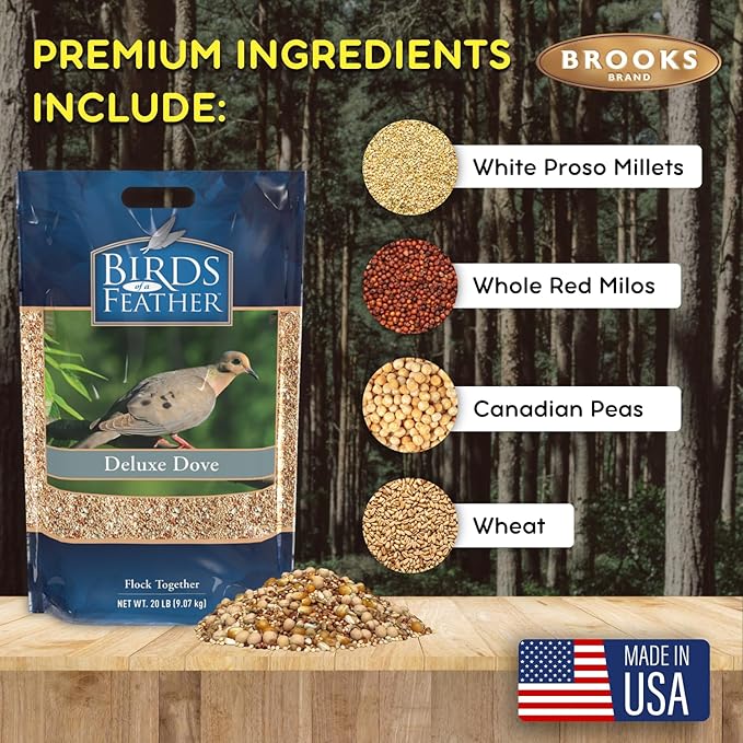 Brooks Brand Birds of a Feather Deluxe Dove Food, Pigeon Food, Mourning Dove Outdoor Bird Seed, Dove Bird Seed, Comida para Palomas, Made in USA (20 Pound (Pack of 1))