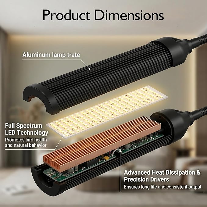 Full Spectrum Bird Cage Light for Birdcage, LED Bird Lamp with 90 Beads, Timer & Brightness Control for Indoor Use Safe Chew-Resistant Bird Light Lamp, Flexible Gooseneck, 3/9/12H Timer for Daily Care