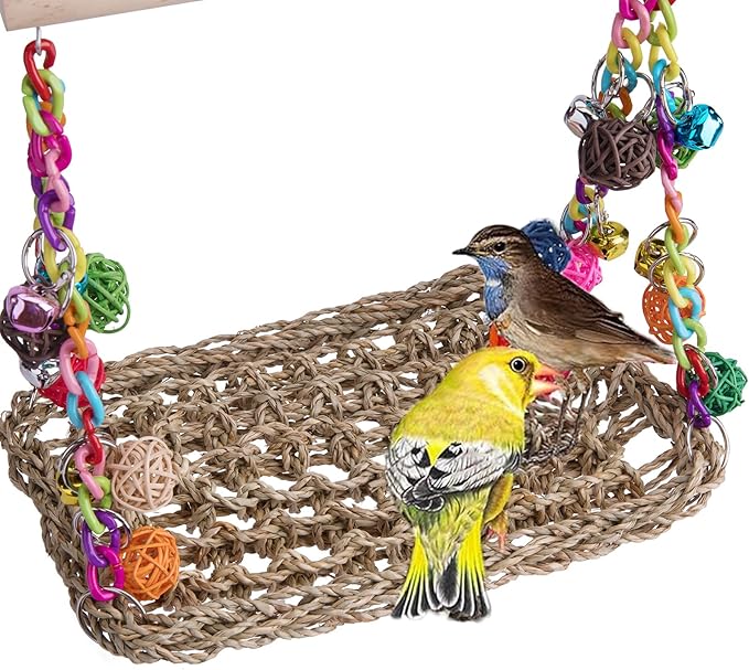FrgKbTm Bird Swing Toys with Wood Perch, Seagrass Woven Parrot Platform Bird Climbing Hanging Hammock Bird Perch Stand Chewing Toy for Parakeets,Budgie, Conure, Cockatiel,Lovebird