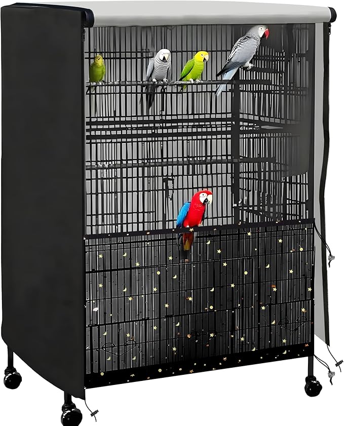Universal Bird Cage Cover,Pet Cage Cover,100% Shading Oxford Cloth with PU Coating Layer,Good Night for Small Animals,Adjustable Soft Airy Nylon Mesh Net for Round Square Cages (Black, 35×25×47in)