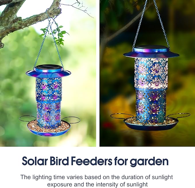Ottsuls Solar Bird Feeder for Outdoors Hanging, Metal Wild Cardinals Garden Lantern Weatherproof, Decro Solar Birdfeeders as Gift Idea for Women Mom Grandma Bird Lovers (Update Version Blue)