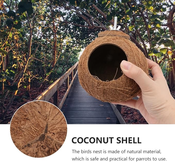 Balacoo Coconut Shell Parrot Nest Toy - Interactive Biting Plaything for Parakeets, Cockatiels, and Small Birds - Hanging Birdhouse(6.69 Inch)