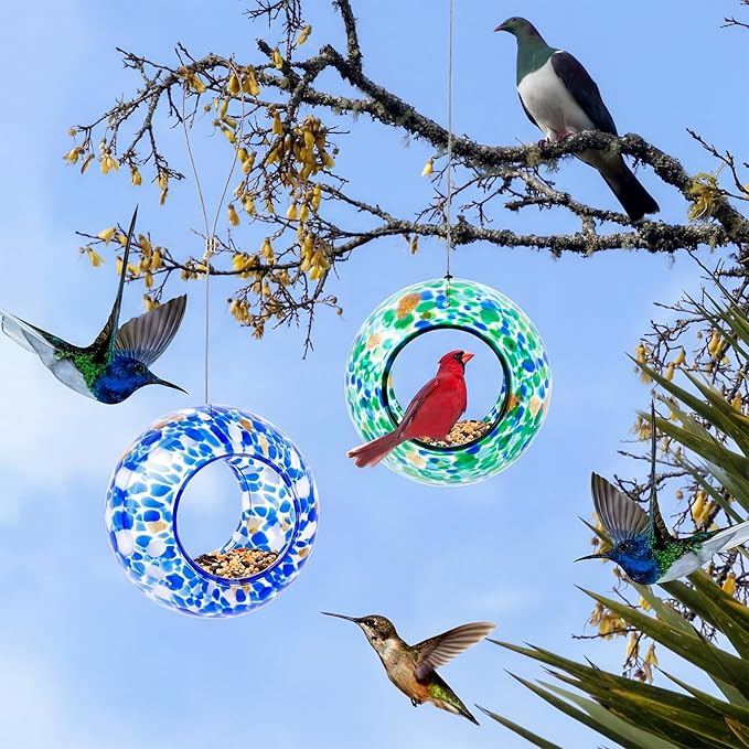 Patelai 2 Pcs Bird Feeder Mosaic Glass Hanging Bird Feeder Round Birdfeeder Fly Through Balcony Birdfeeder for Backyard Window Outdoor Garden Deck Porch Decorations, 6 Inch (Cute)