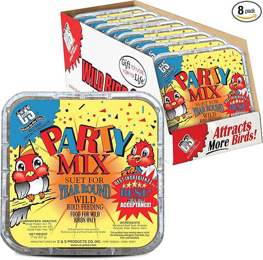 C&S Party Mix Suet Treat, Suet Cakes for Wild Birds Including Robins, Blue Jays, Woodpeckers, Wrens, Bluebirds and More, 11 Ounces, Pack of 8
