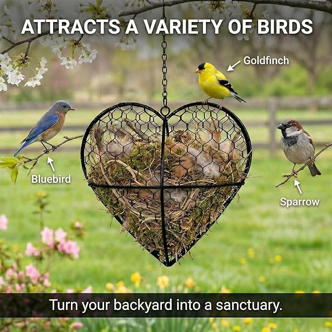 Handmade Alpaca Fiber Bird Nesting Heart - Refillable Bird Nesting Material Holder & Garden Decor - Alpaca Wool for Bird Nesting Dispenser & Nesting Material for Wild Birds Station (Black)
