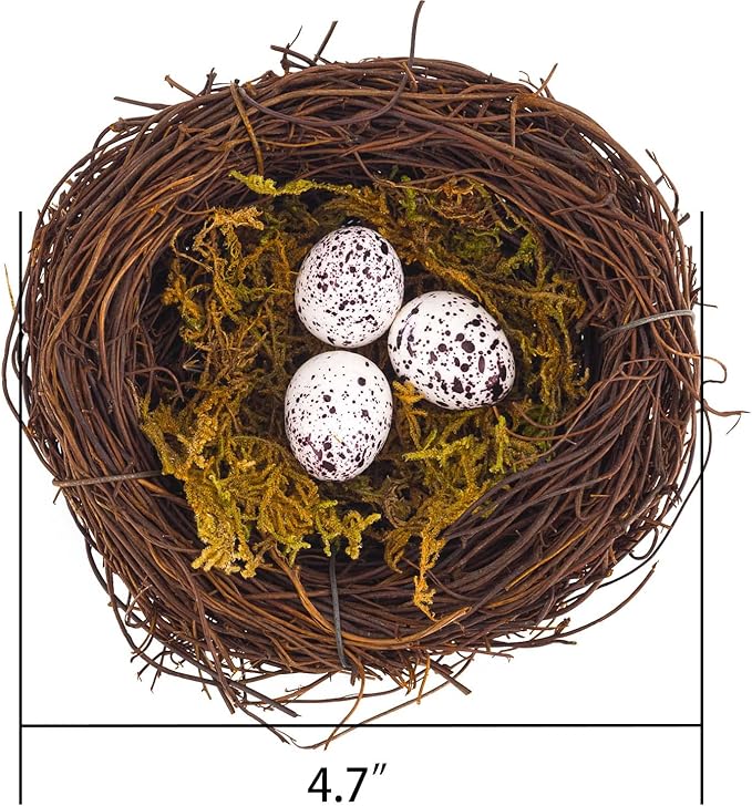 Artificial Birds Nest, 4PCS Crafts Handmade Natural Easter Birds Nest Rattan Birds Nest for Garden Yard Home Party Easter Decor Contains 12 Artificial Bird Eggs&4 Packs of Moss
