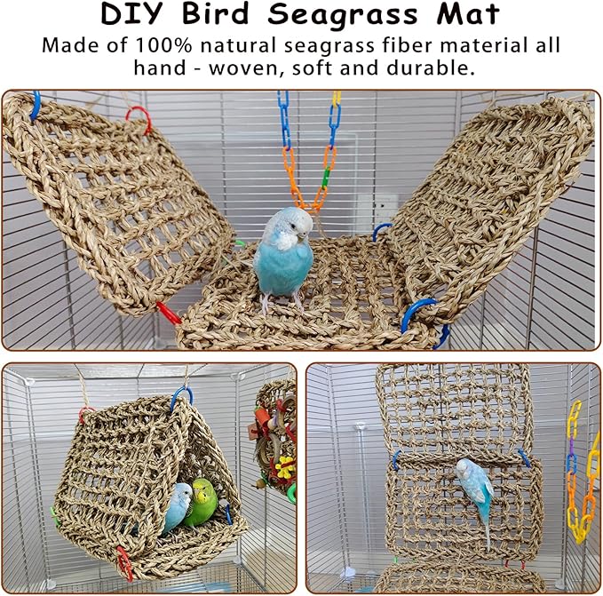 Tfwadmx Large Bird Seagrass Hammock, 3Pcs 7x11.8in Seagrass Mat for Birds, Hanging Parrot Toys, Counre House Hut Hideout for Parakeets, Lovebirds, Budgies, Cockatiels