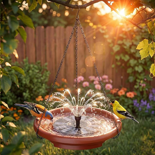 AISITIN 15" Hanging Bird Bath with Solar Fountain, Outdoor Hanging Bird Bath Bowl with 3-Tier Steps, Solar Powered Water Fountain for Bird Bath, Feeder, Drinking, Garden Patio Lawn Backyard