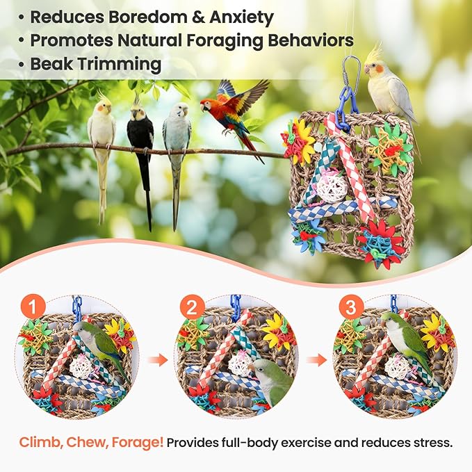 Cockatiel Toys, Extra Large Natural Seagrass Shredding Mat, Rattan & Wood Finger Traps Bird Toy for Parakeets, Budgies, Conures, Lovebirds - Parrot Enrichment Activity Center for Boredom Relief
