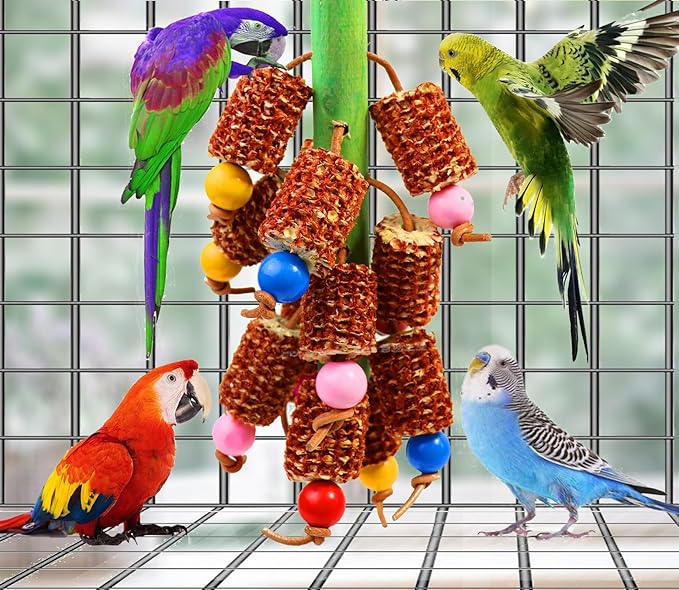Bird Chew Toys for Parrots - Safe Durable Natural Corn Cob Chewing Toy for Cockatiels, Conures, Lovebirds, Macaws, African Grey & Cockatoos | Hanging Aviary Enrichment for Small/Medium Birds