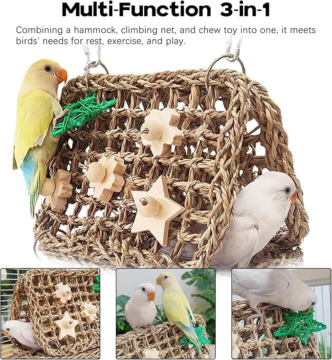 Seagrass Handwoven Bird Bed for Cage, DIY Parakeet Nest & Climbing Ladder, Breathable Bird Hammock Tent, Hut Hideout for Parakeets, Lovebirds, Budgies, Cockatiels(SJ)