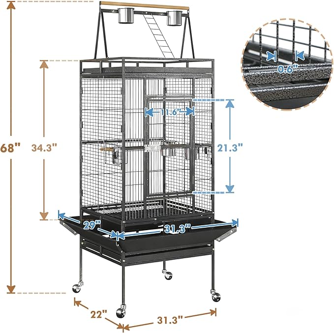 SUPER DEAL 68-inch Large Bird Cage with Rolling Stand African Grey Parrot Chinchilla Finch Cage Conure Cockatiel Cockatoo Pet House Wrought Iron Birdcage, Black