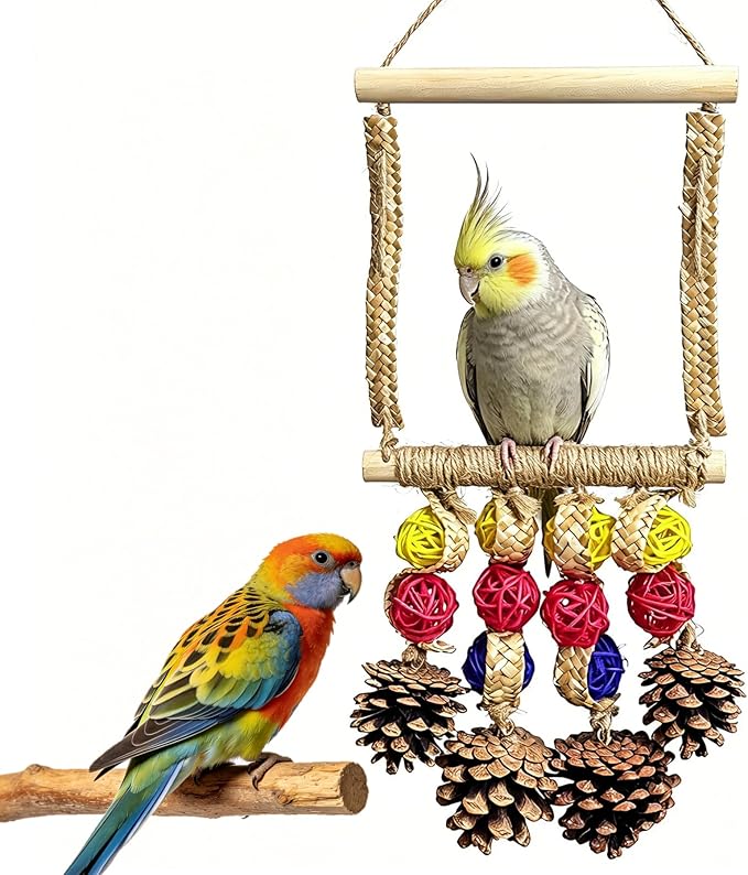Bird Swing for Cage - Plant Style Parrot Toy with Sisal-Wrapped Perch, Natural Pine Swing with Multiple Plant Strands for Parakeets, Cockatiels, Budgies & Conures