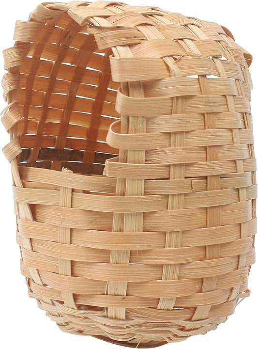 Finch Nest for Cages, Large Natural Bird Houses, Bamboo Hand Made Nests Hideout Cage with Metal Hook, Small Hut Toy House Shelter, Eco-Friendly Hanging Hand-Woven Box for Outdoor Accessories (1Pc)