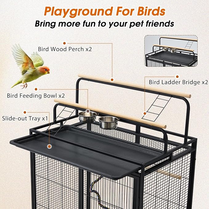 AVAWING 70-Inch Bird Cage with Play Top & Storage Cabinet, Tall Big Bird Flight Cage with Pull-Out Tray, Feeders, Cover, Stand, Rope, Metal Bird Aviary for Macaw Parakeet Cockatiel Budgie, Black