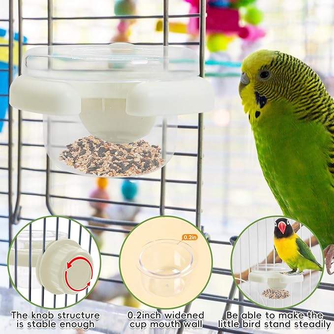PINVNBY 4 PCS Bird Food Bowl Bird Cage Feeder with Clamp, Easy to Install Feeding Dish Cups Transparency Parakeet Food Dish for Finches Lovebirds and Long-Tailed Parrots （White）