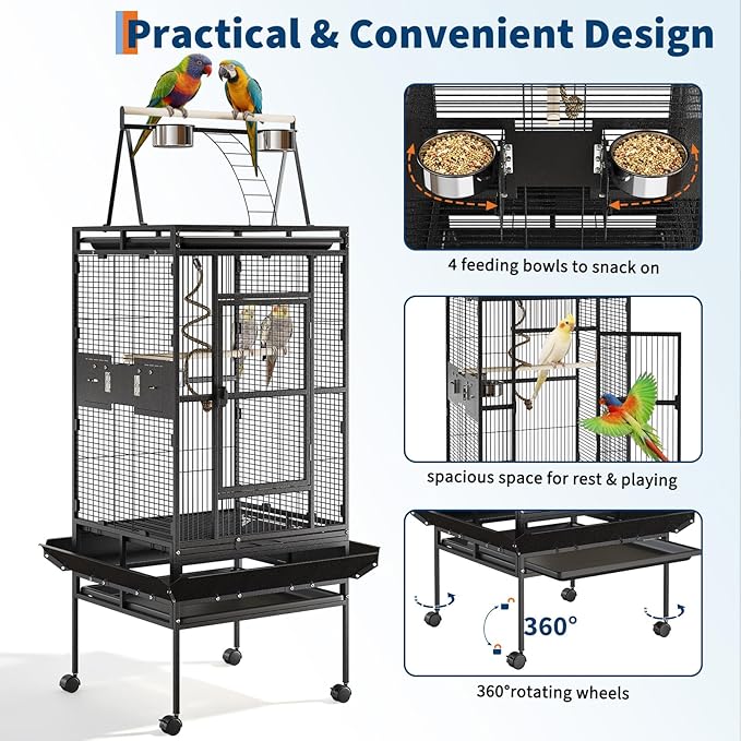 67-Inch Playtop Wrought Iron Large Parrot Bird Cages with Rolling Stand for Cockatiels Parrot Quaker Conure Parakeet Lovebird Canary Small Medium Parrot Cage Birdcage, Black