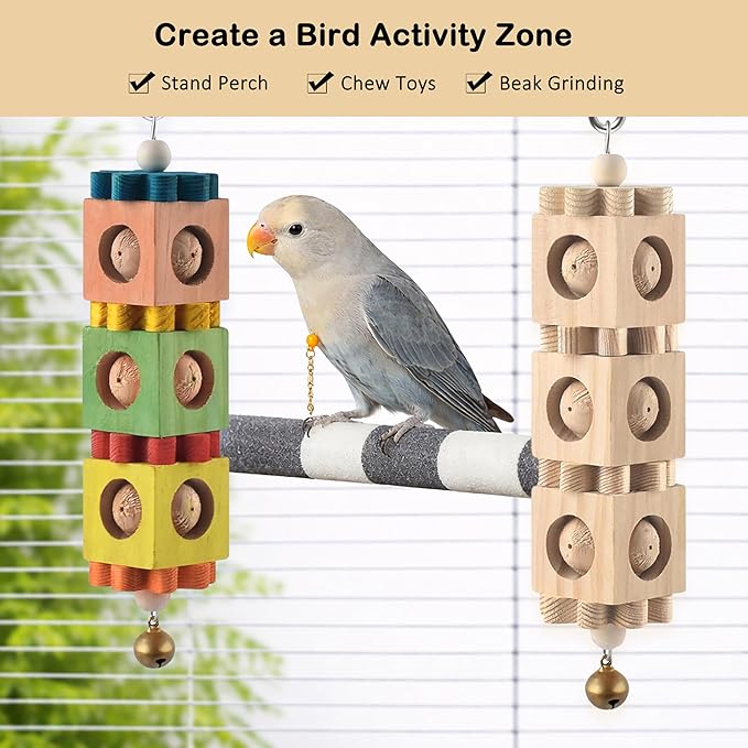 3 PCS Bird Chew Toy and Perch Set Rotating Wood Block Foraging Toys with Bells and Sandstone Nail Grinding Perch for Cockatiels Conures Caiques and Small Medium Parrots