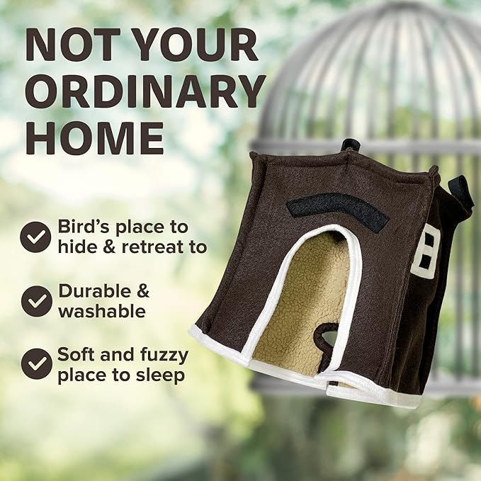 Crazy K Farm - Avian Haven Bird Hut, Comfy Bird Snuggle Hut, Plush Pet Bird Hut for Sleeping and Snuggling, Hanging Bird Cage Hut with Sherpa, Cozy Bird Cage Accessories, Extra Large, Brown