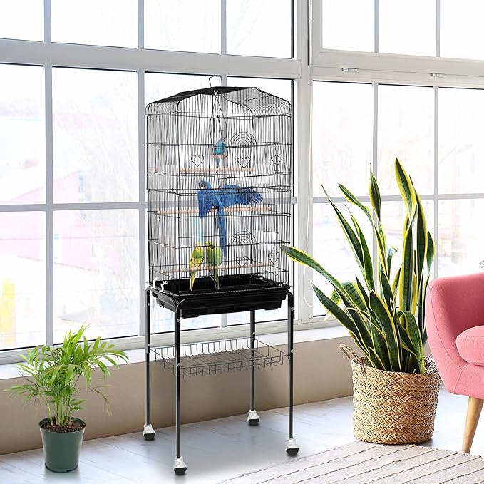 SUPER DEAL 59.3 Rolling Bird Cage Large Wrought Iron Cage for Cockatiel Sun Conure Parakeet Finch Budgie Lovebird Canary Medium Pet House with Rolling Stand & Storage Shelf
